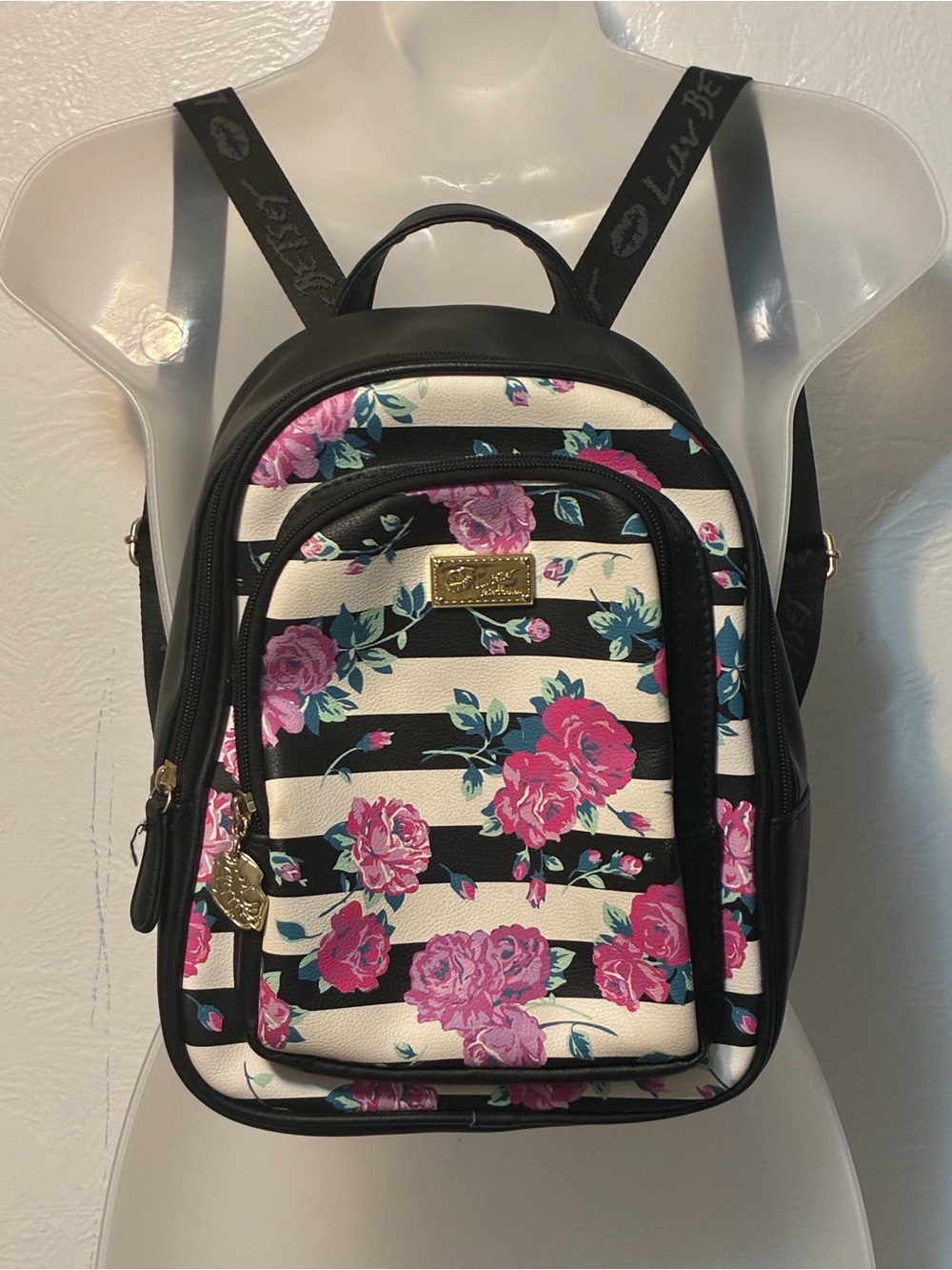 Luv Betsey by Betsy Johnson Blavk White Stripe Floral Mini Backpack